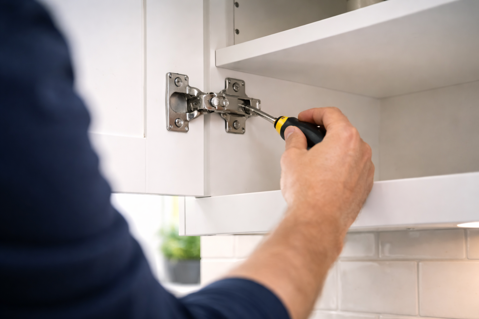 Adjusting a kitchen cabinet hinge during an annual kitchen health check