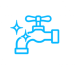 Care and maintenance icon – blue outline kitchen tap with sparkle symbol for cleaning and aftercare guidance.