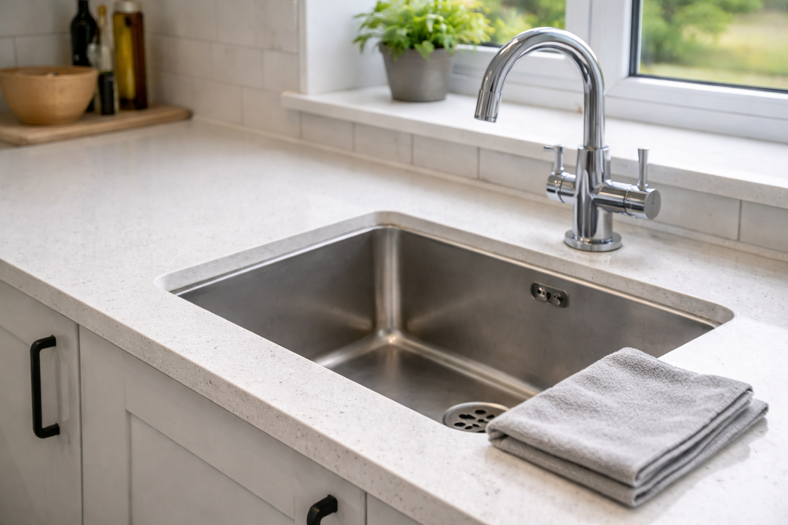 Close-up of a kitchen sink area being cleaned and dried to prevent moisture damage
