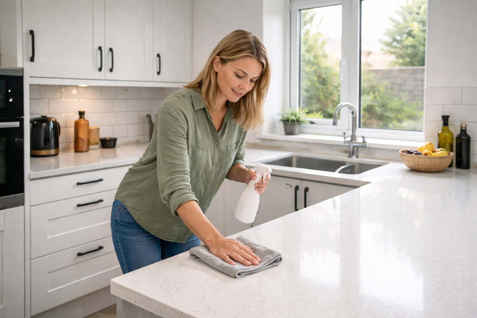 Homeowner gently cleaning a quartz worktop to keep a kitchen looking new for years