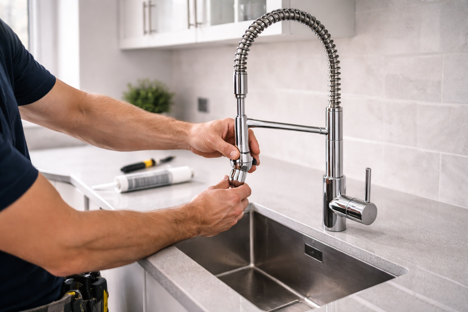 Installer fitting a kitchen tap during the second fix stage of a kitchen installation
