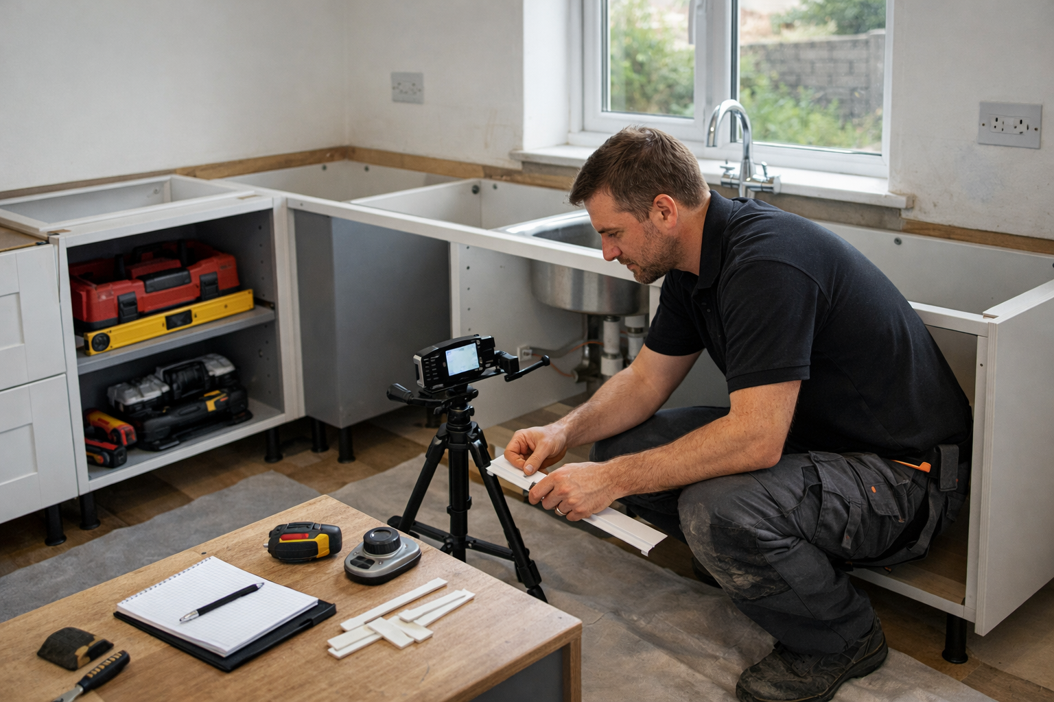 Kitchen fitter carrying out digital worktop templating in a newly installed kitchen