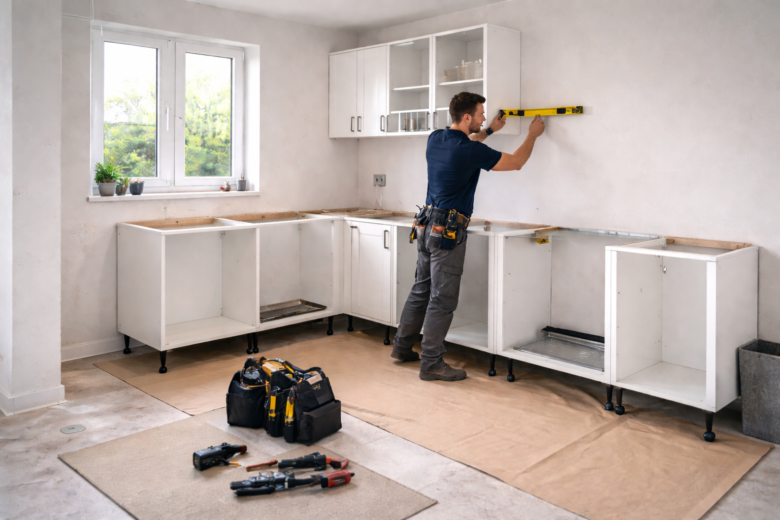 Kitchen fitter installing cabinets during the mid-stage of a kitchen installation