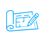 Blue line icon of a rolled blueprint and pencil, representing planning and project preparation.