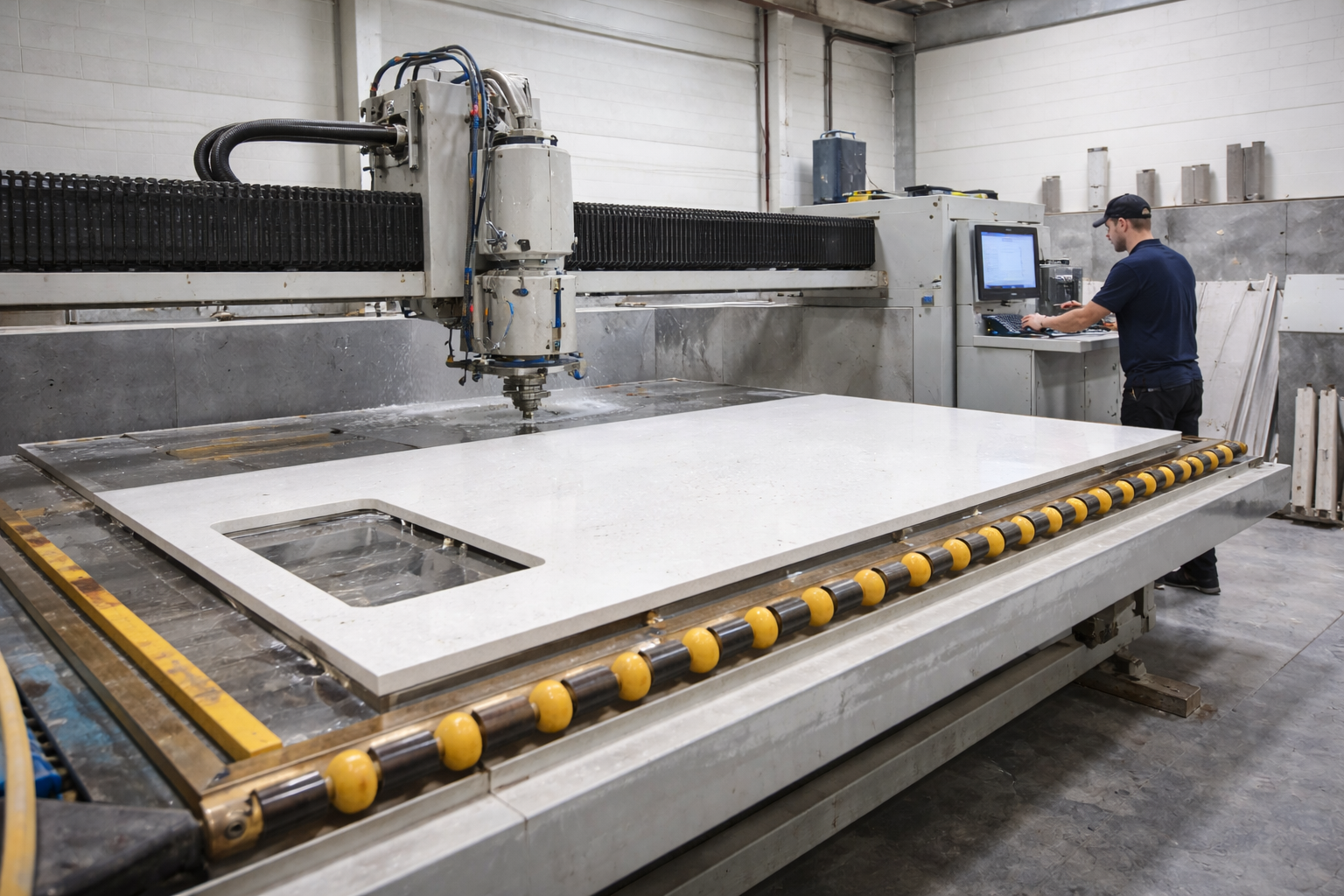 Quartz worktop fabrication on CNC machine in UK workshop