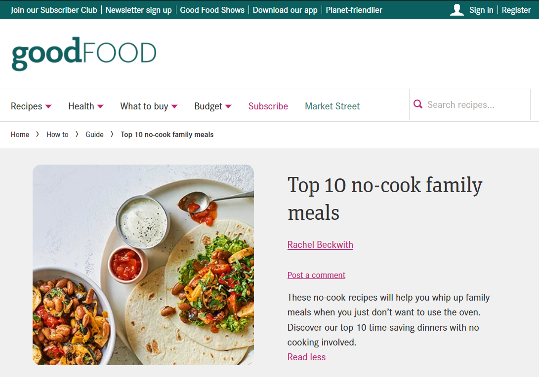 BBC Good Food no cook family meals guide screenshot