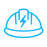 Blue line icon of a construction hard hat with a lightning bolt symbol, representing renovation survival and electrical safety.