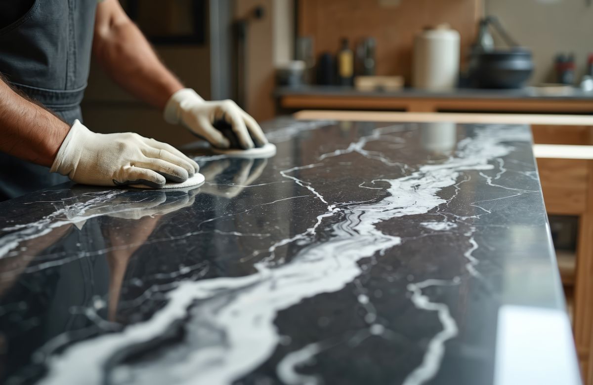 Quartz worktop installation in progress in modern kitchen