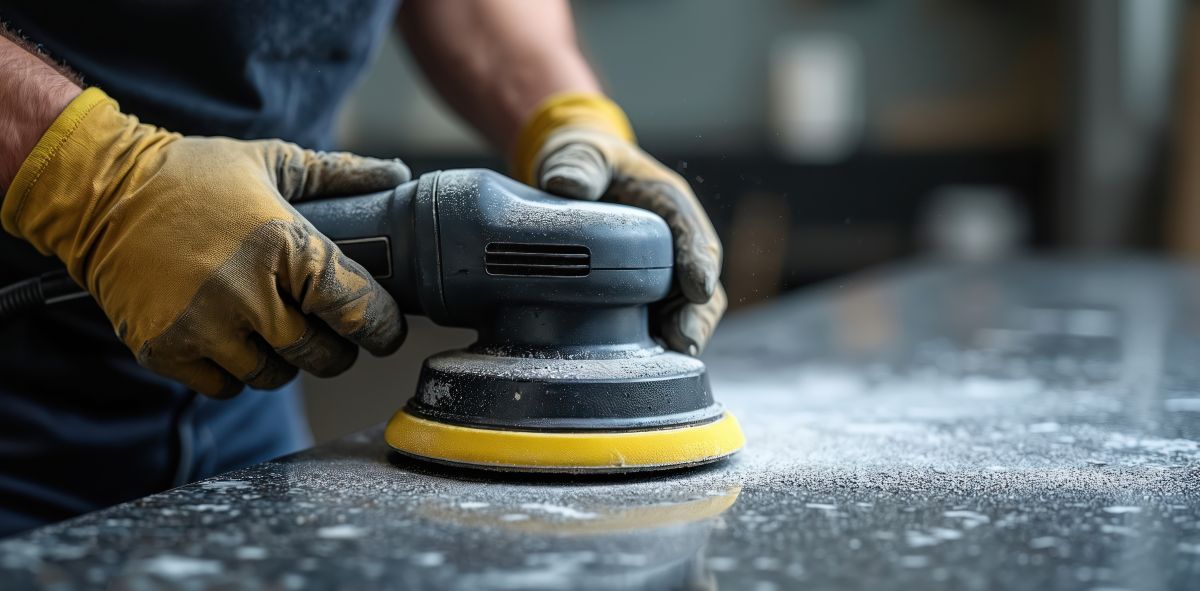 Solid surface worktop being installed in a fitted kitchen